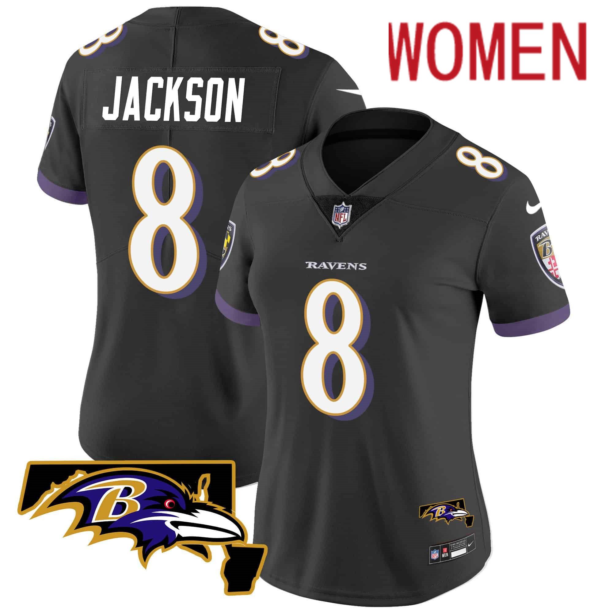 Women Baltimore Ravens #8 Jackson Black 2024 Nike Maryland Patch Vapor Limited NFL Jersey style 1->women nfl jersey->Women Jersey